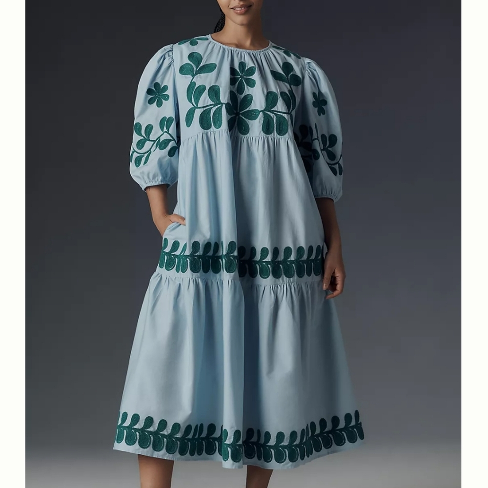 S/M Anthropologie Embroidered Puff Sleeve Midi Dress - Picture 3 of 7